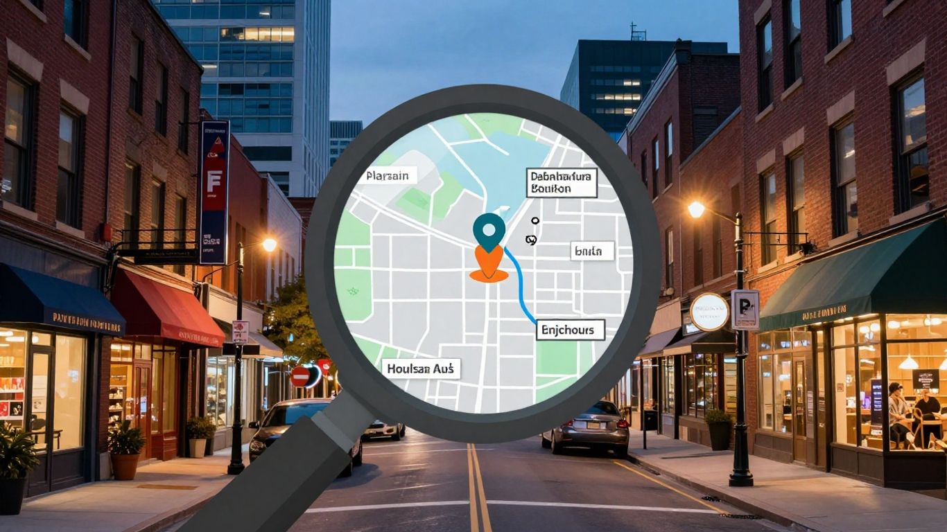 Local businesses highlighted on a map with a magnifying glass.
