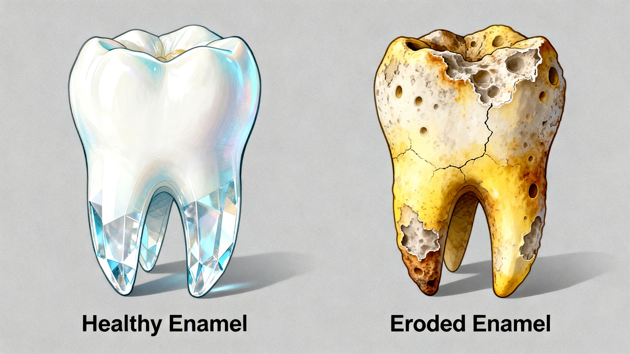 A close-up diagram showing the difference between healthy tooth enamel and enamel that has been eroded by improper whitening.
