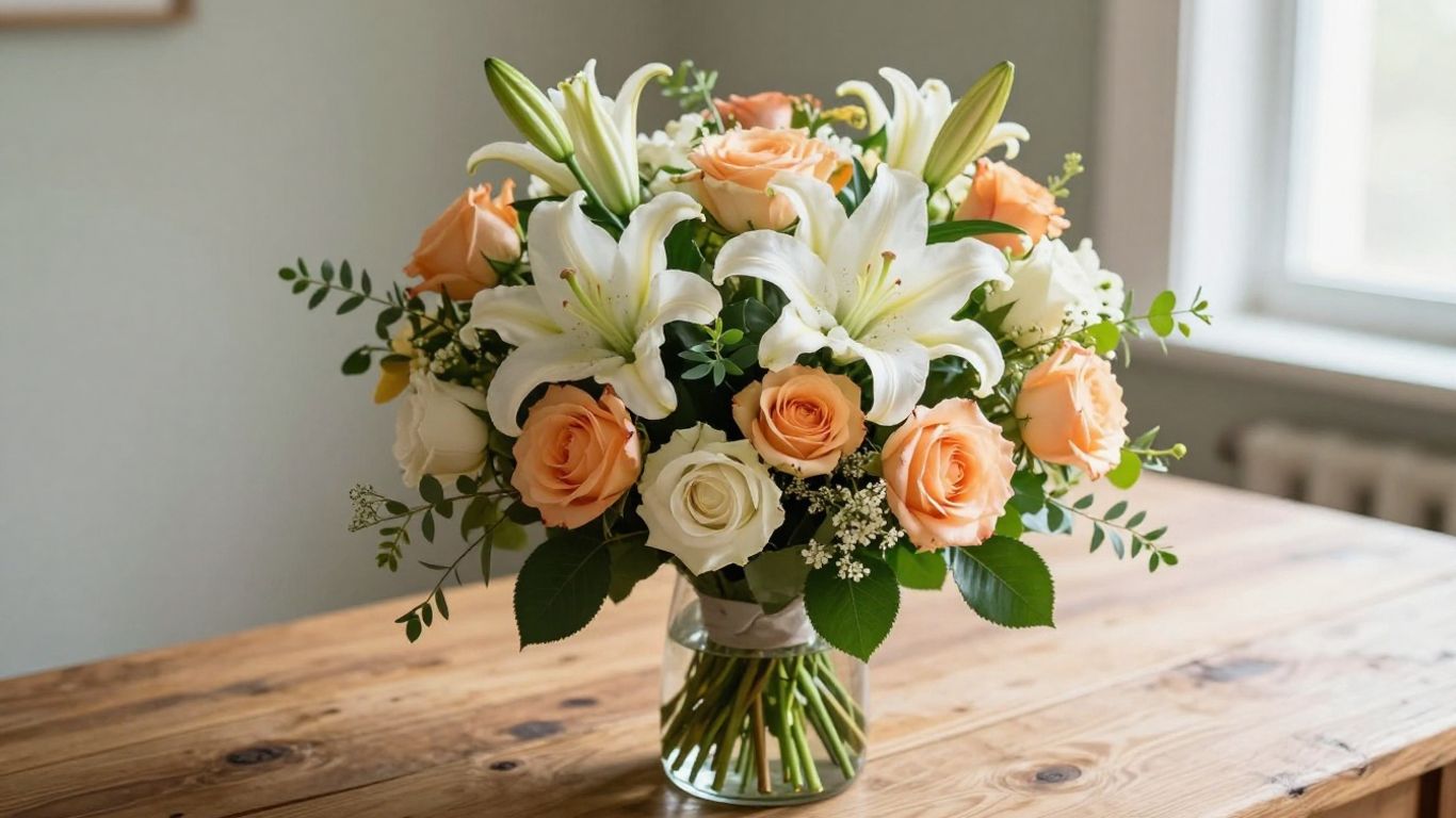 Colorful floral bouquet on a wooden table.