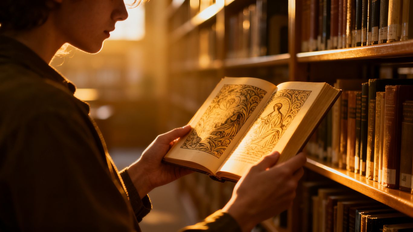 Person holding an open Buddhist dictionary with glowing pages.