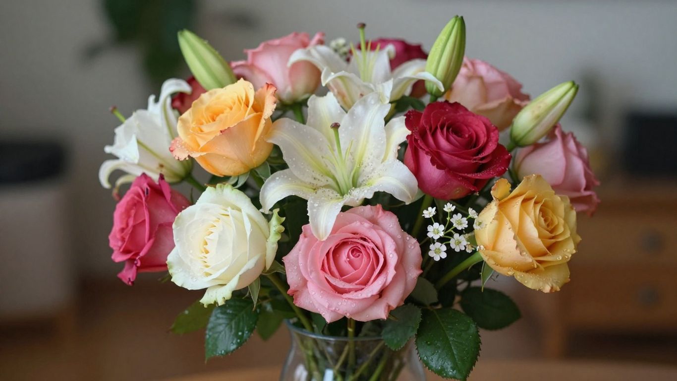 Fresh flower bouquet with roses and lilies.