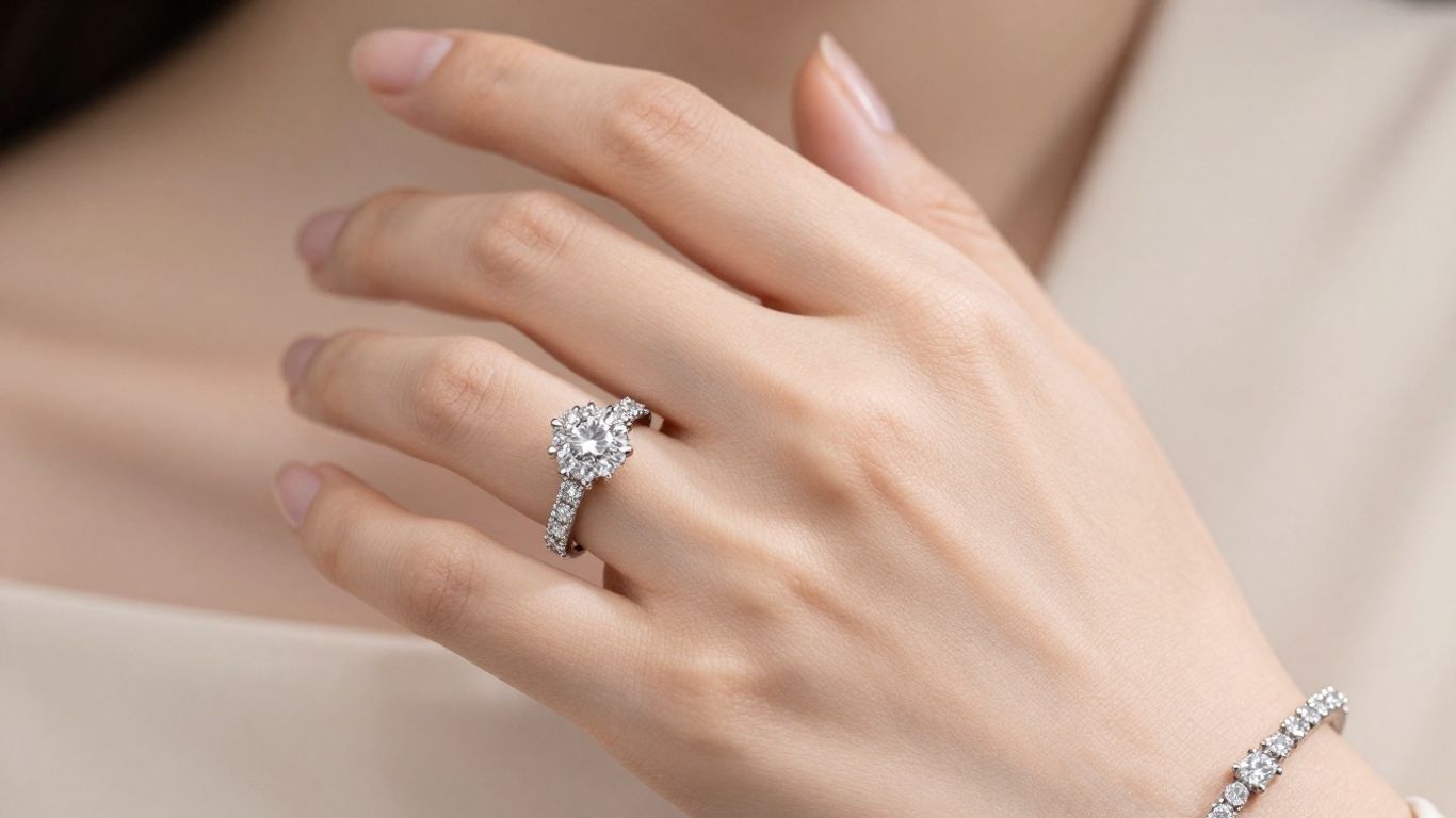 Diamond bracelet and ring on a woman's hand.