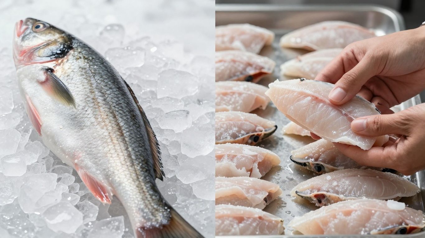 Fresh fish next to frozen seafood fillets.