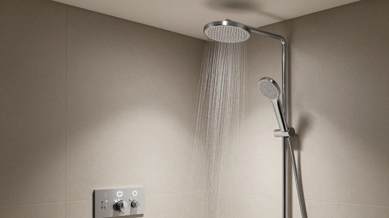Modern electronic shower control panel with water flowing.