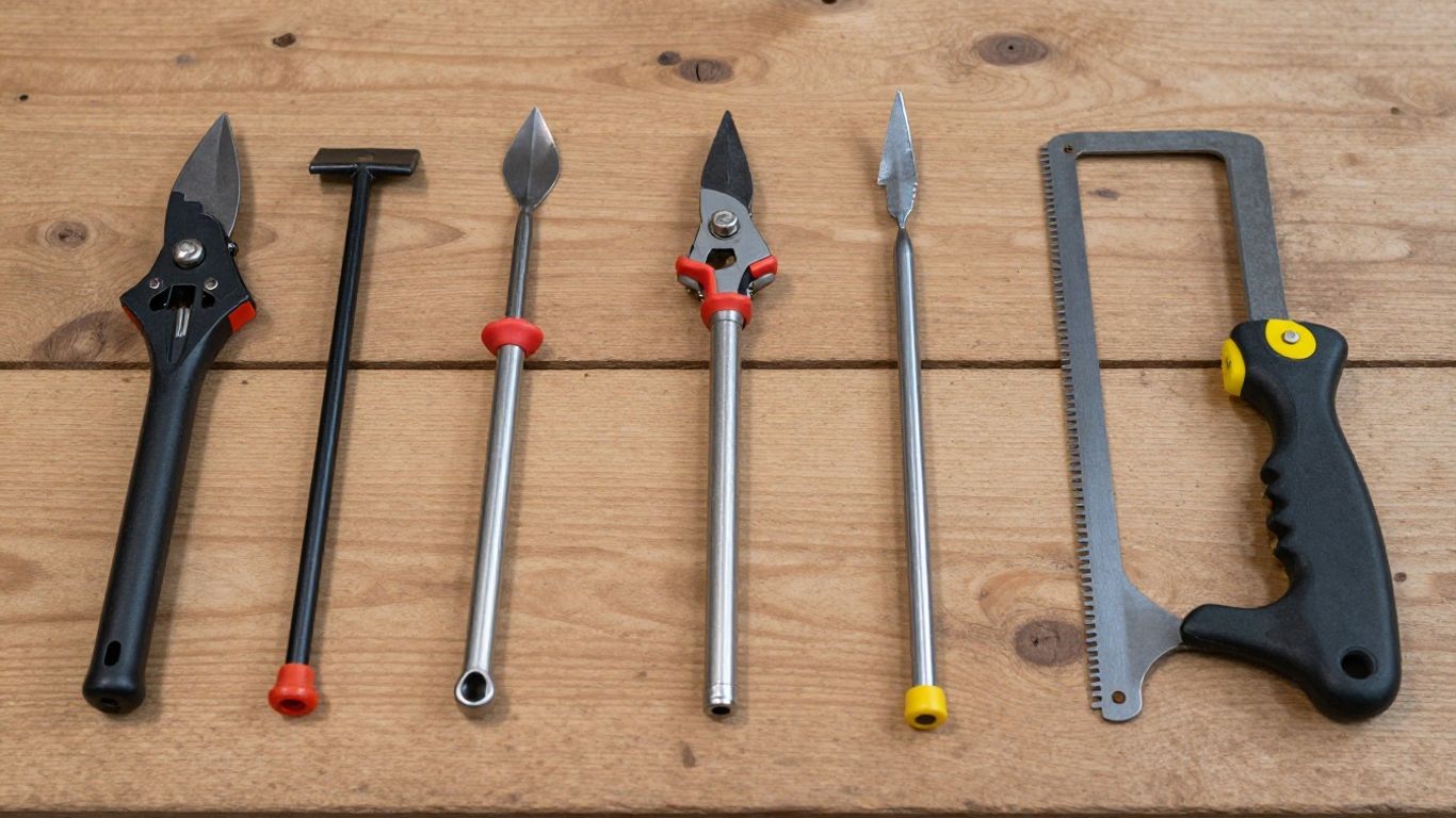 A collection of sharp gardening hand tools