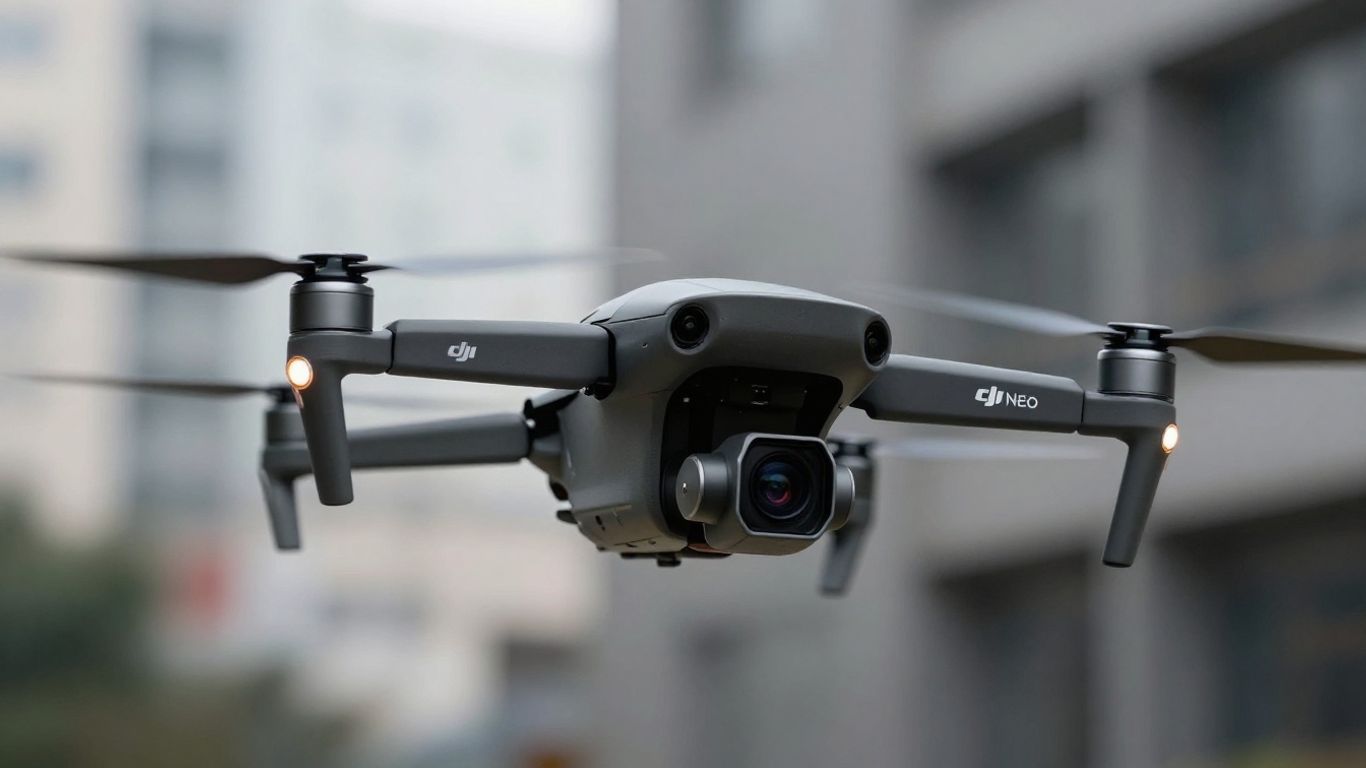 DJI Neo 2 drone in flight, urban background.