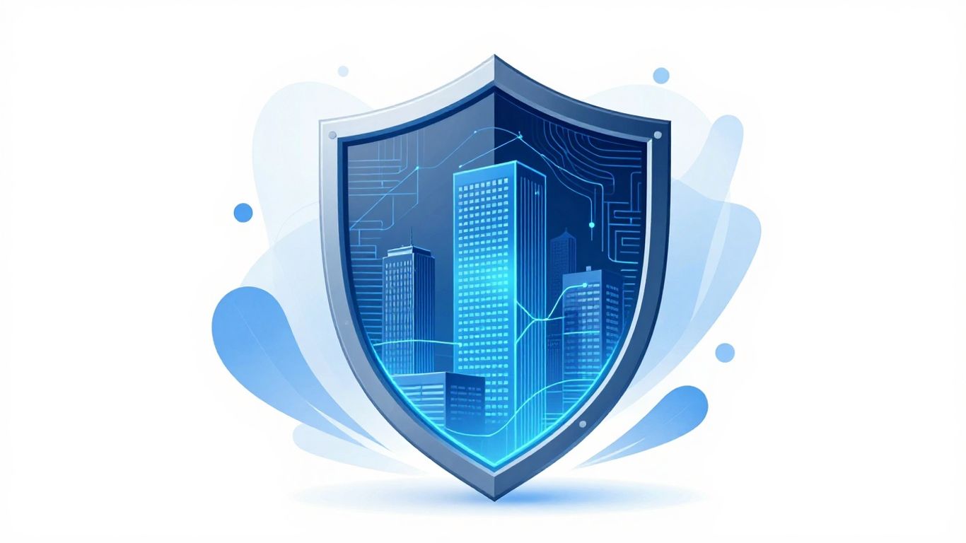 Custom digital shield protecting a business building.