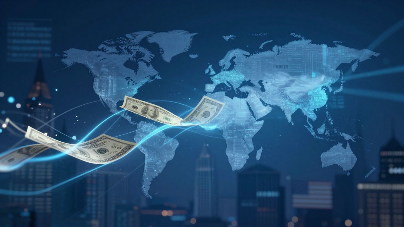 FP Markets logo with abstract currency exchange visuals.