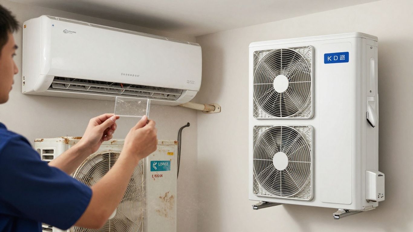 Old vs. new air conditioner units, repair or replace decision.