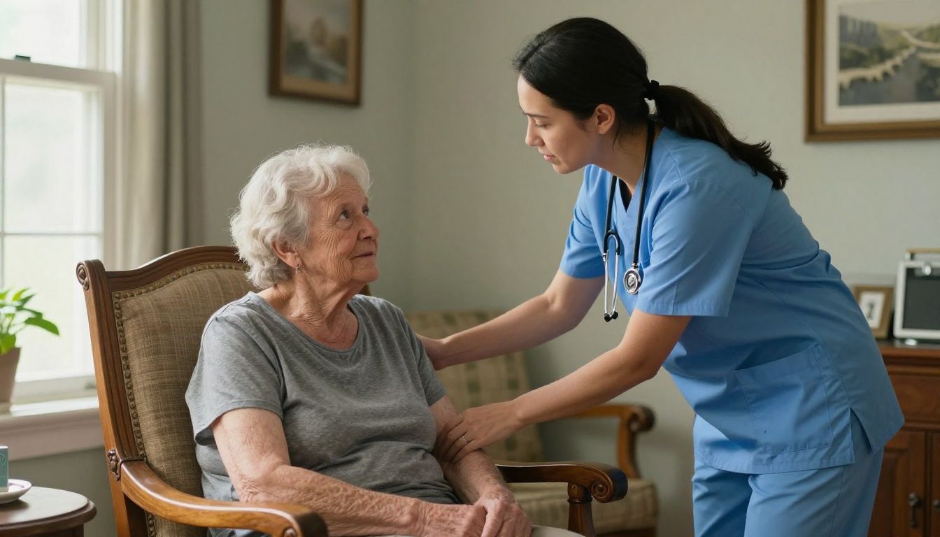 A realistic scene of a nurse providing attentive one-on-one care to an older adult in a warm, lived-in North Carolina home, reflecting compassion and partnership.