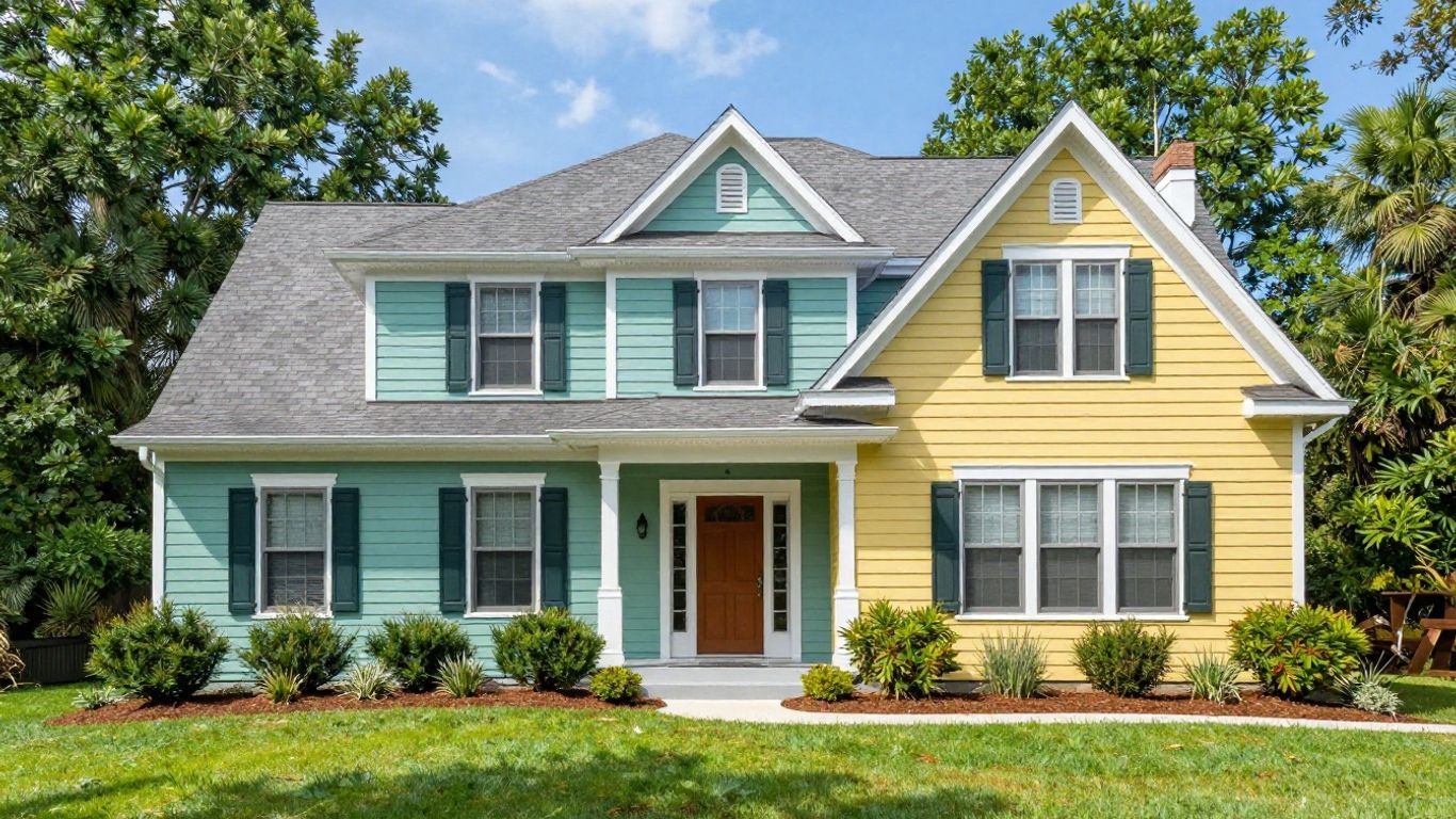 Beautifully painted house exterior with landscaping.