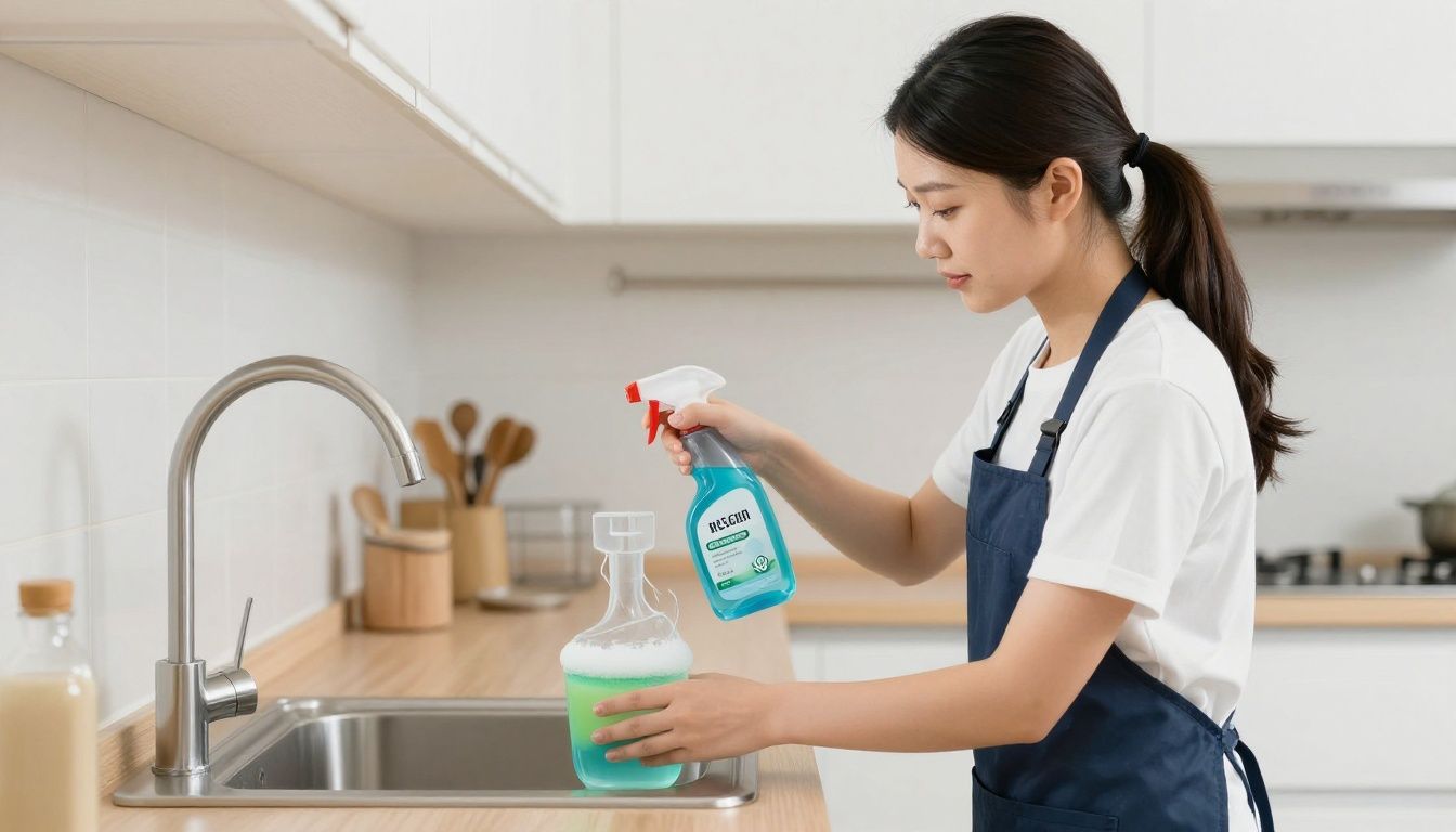 A kitchen being sanitized with eco-friendly cleaning supplies by a professional cleaner