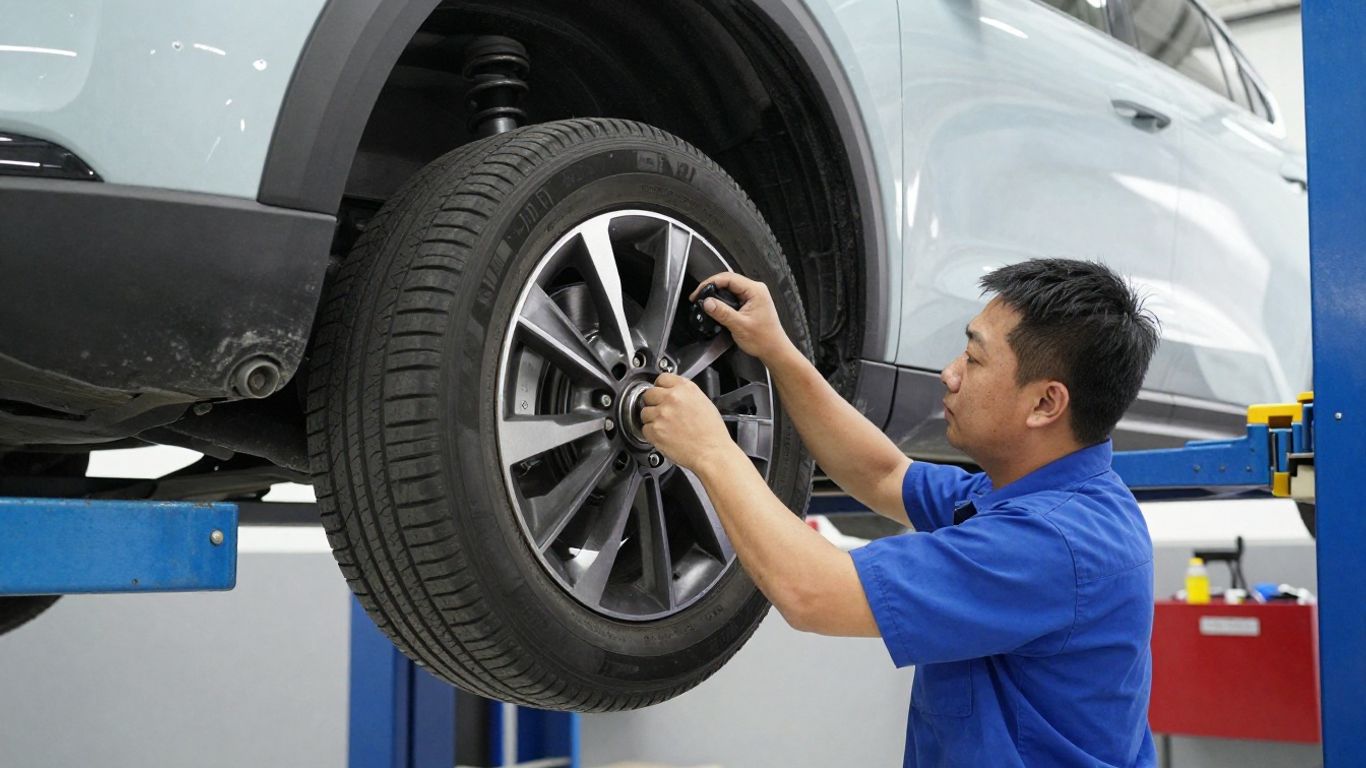 Technician inspecting an electric vehicle underneath