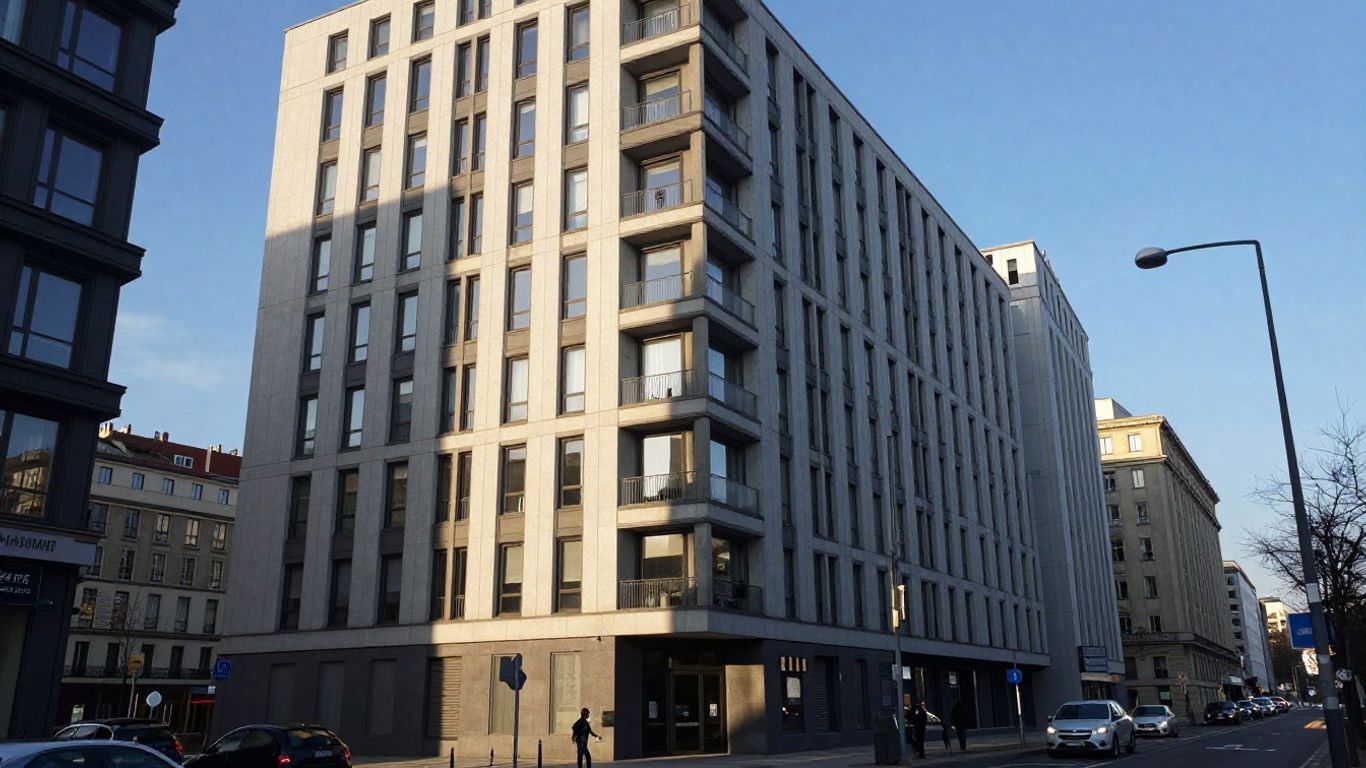 Europäische Stadtlandschaft mit modernem Gebäude im Sonnenlicht.