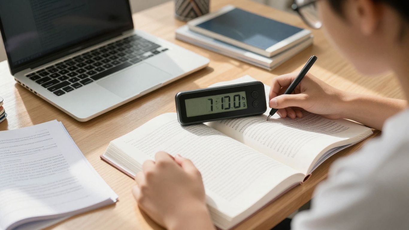 Student studying with a digital timer on desk.