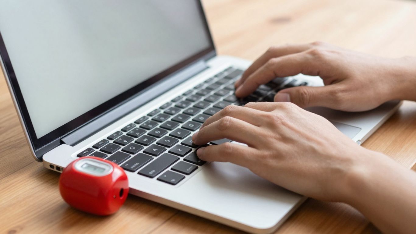 Hands typing on laptop with tomato timer.
