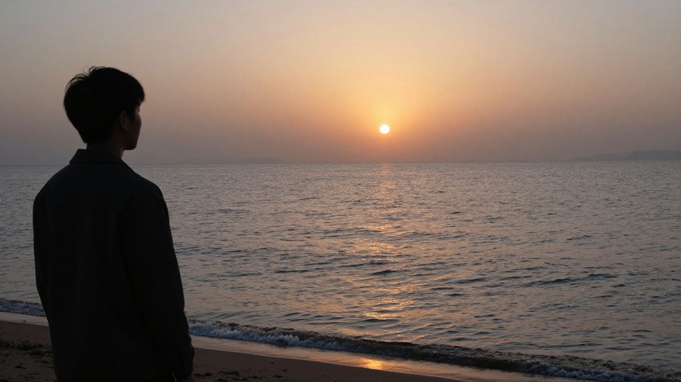 Person watching a peaceful sunset over water.