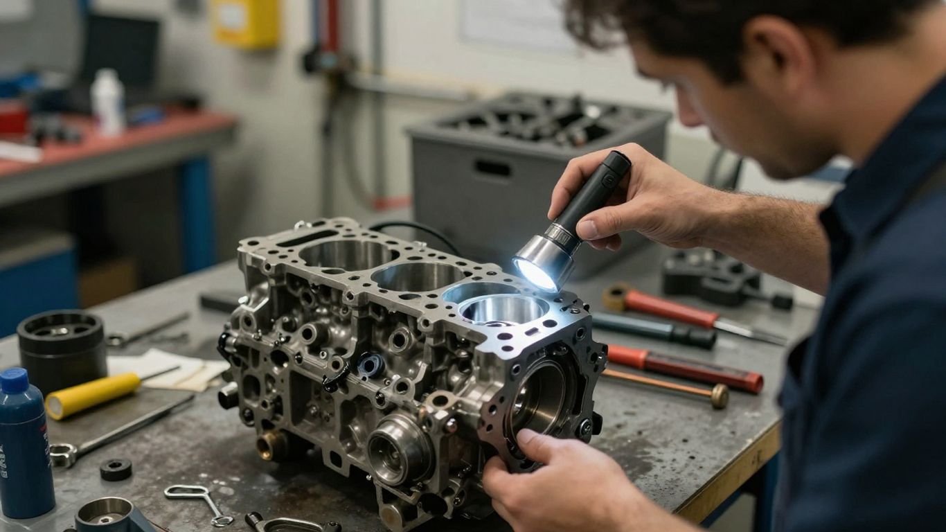 Mechanical technician inspecting a used engine block