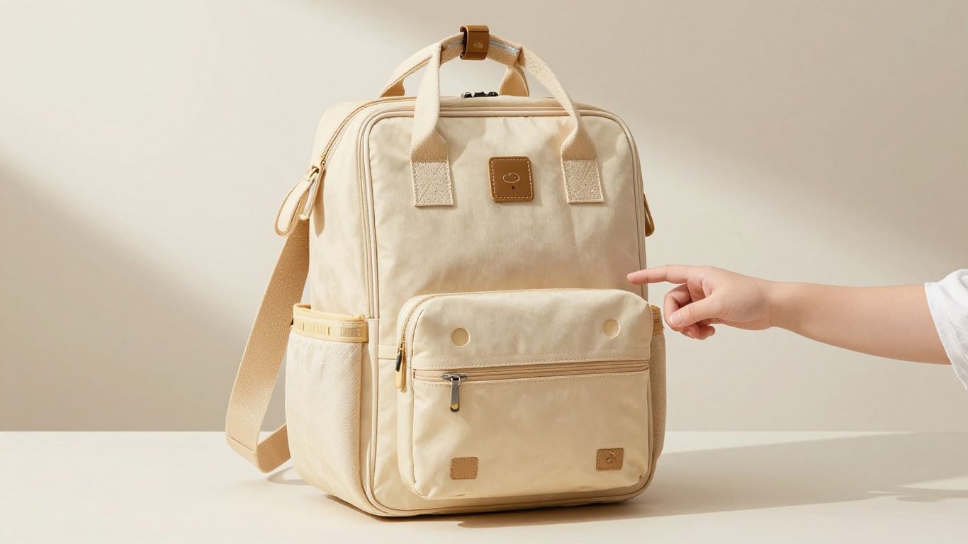 Modern diaper bag filled with baby items.