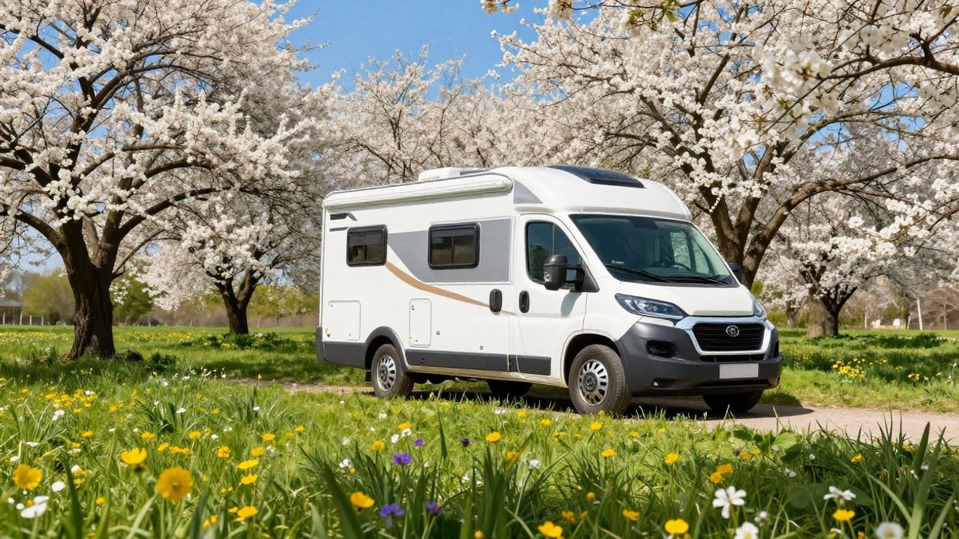 RV parked in a sunny, blooming spring landscape.