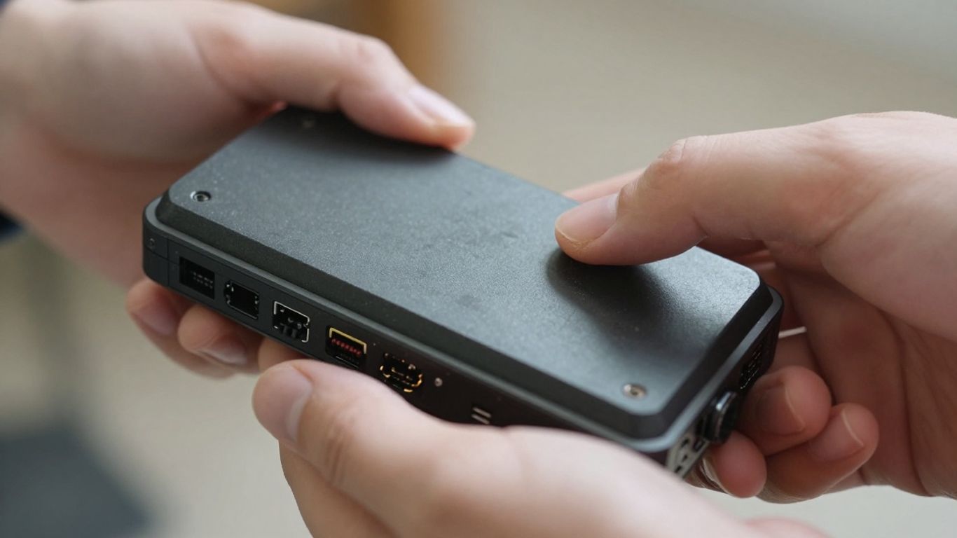 Hands inspecting a used gaming console for damage.