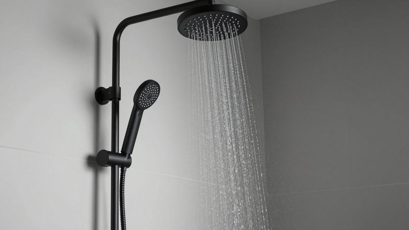 Modern matte black rain shower set in a bathroom.