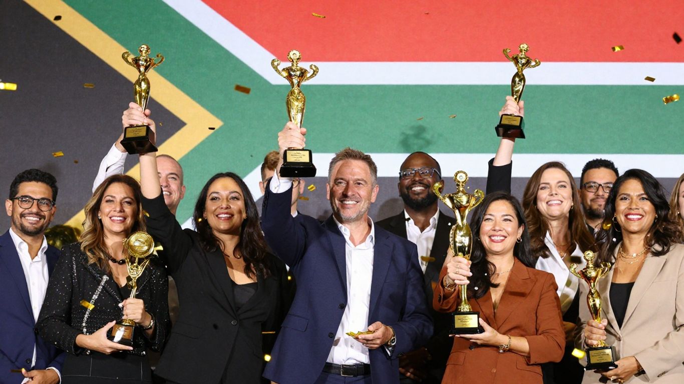 Australian business owners celebrating awards with trophies.