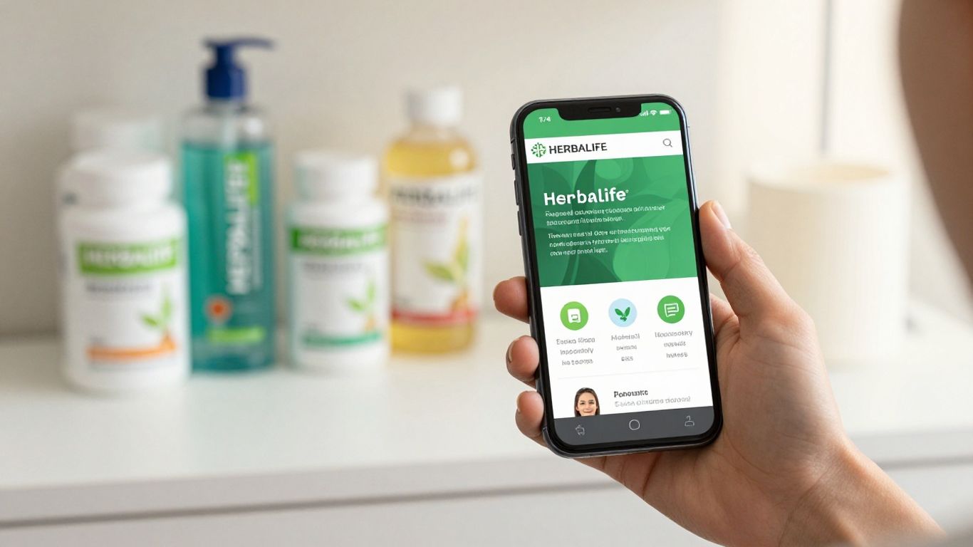 Herbalife products and online ordering on a smartphone.