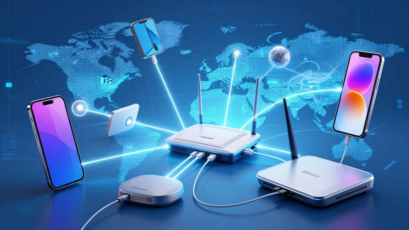 Diverse communication devices interconnected with glowing lines.