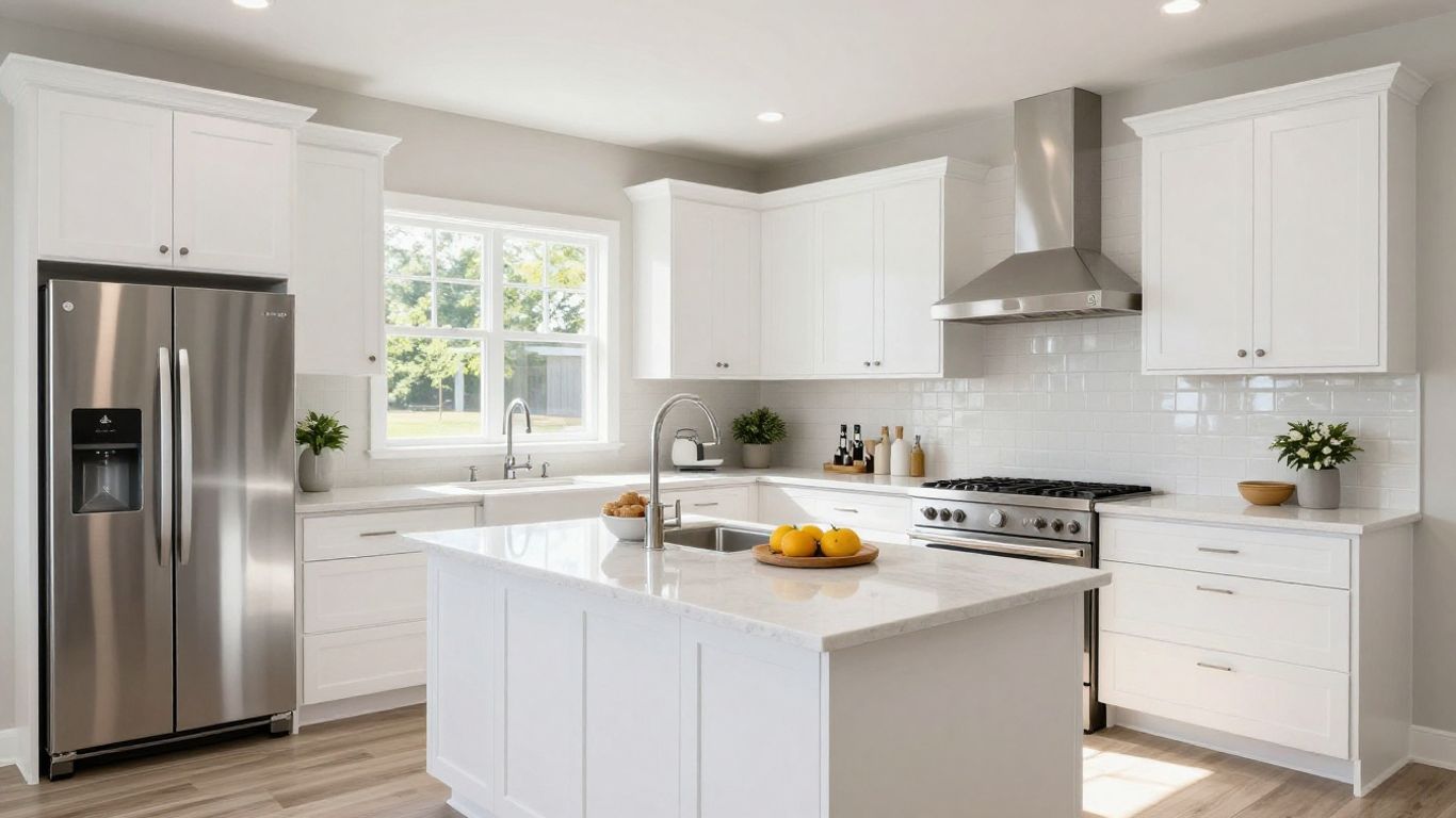 Modern kitchen remodel with white cabinets and island.