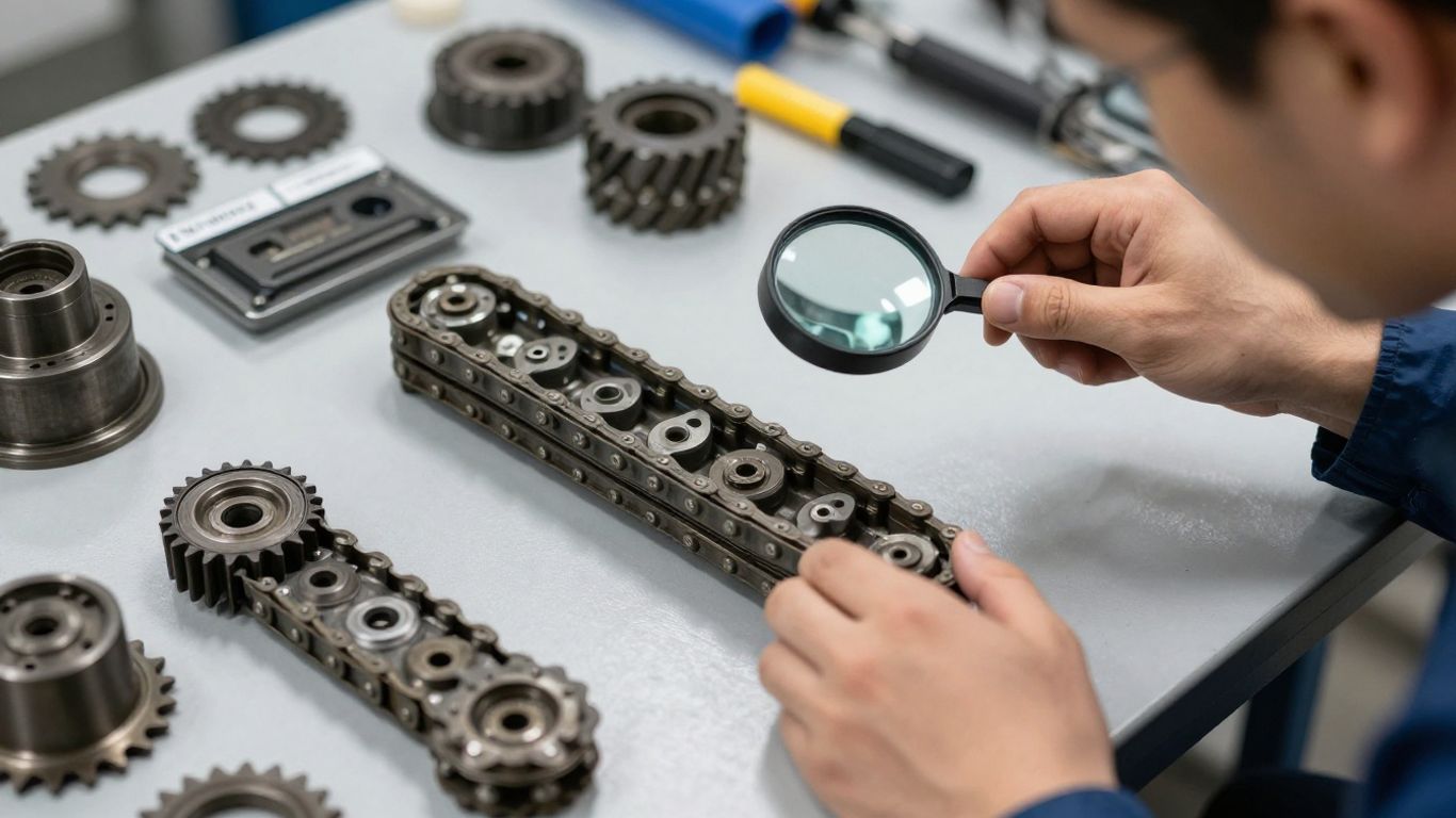 Supplier inspecting recycled engine timing parts