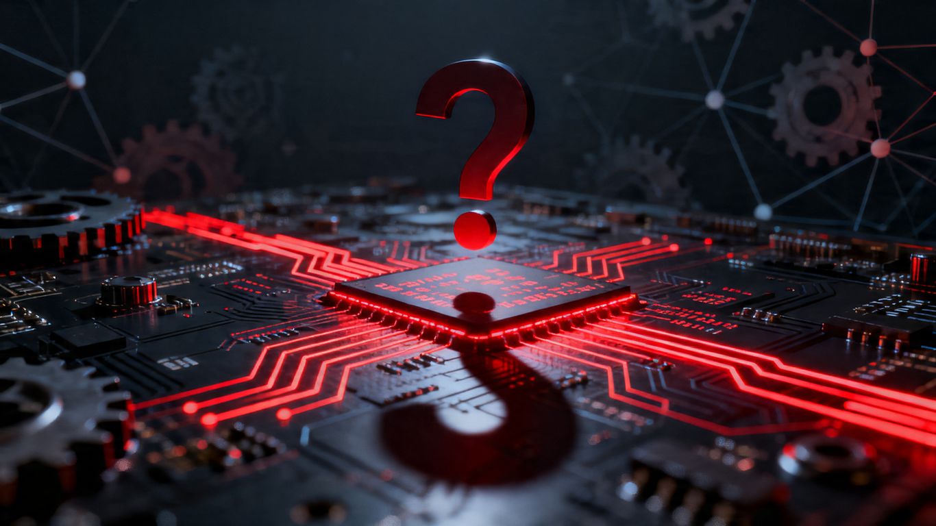 Digital circuit with question mark above, indicating AI accountability.