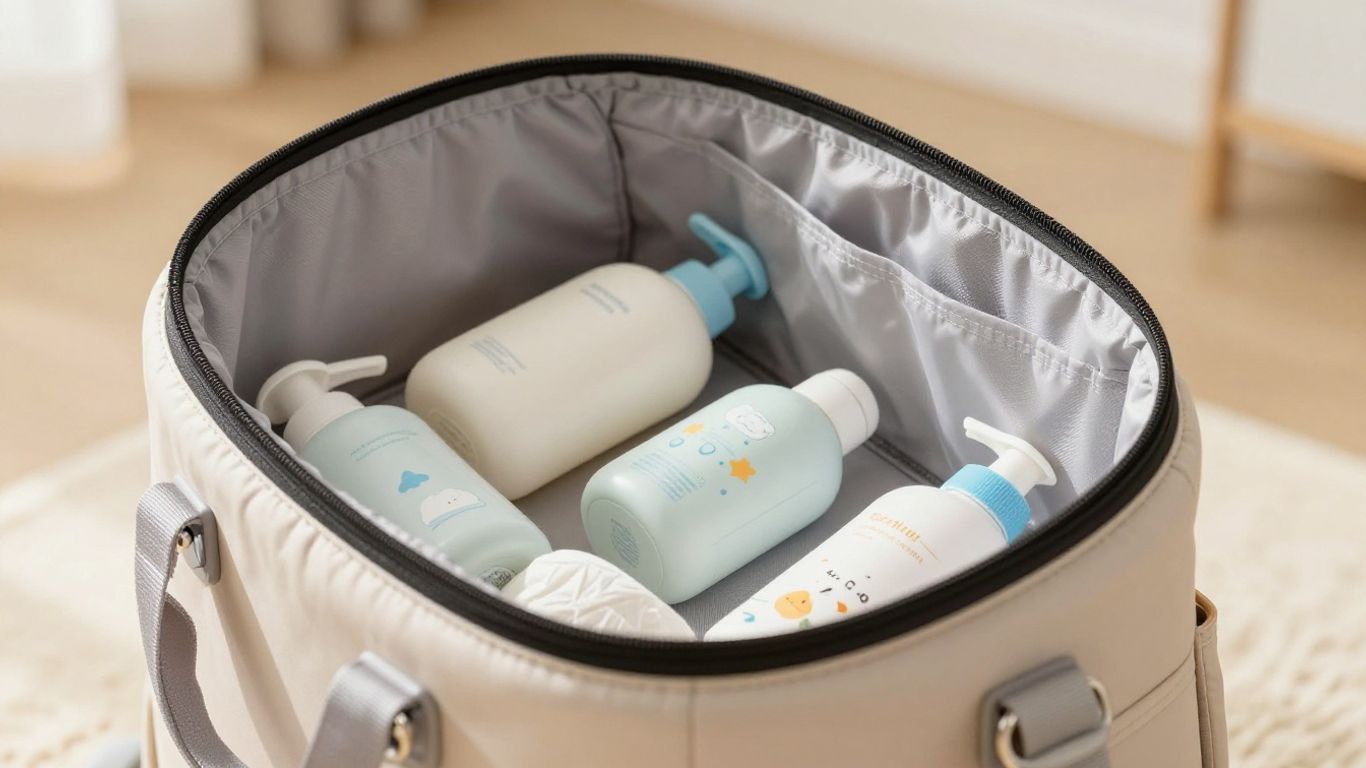 Open bassinet diaper bag with baby essentials inside.