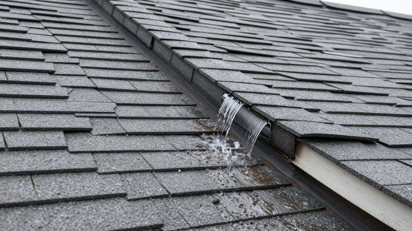 Roof valley with water flowing down.