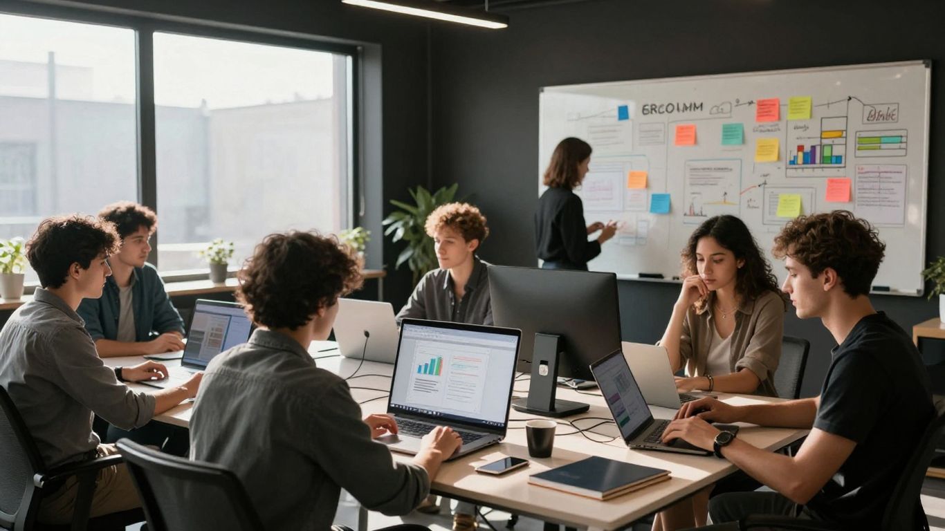 Startup team collaborating on digital marketing strategies.