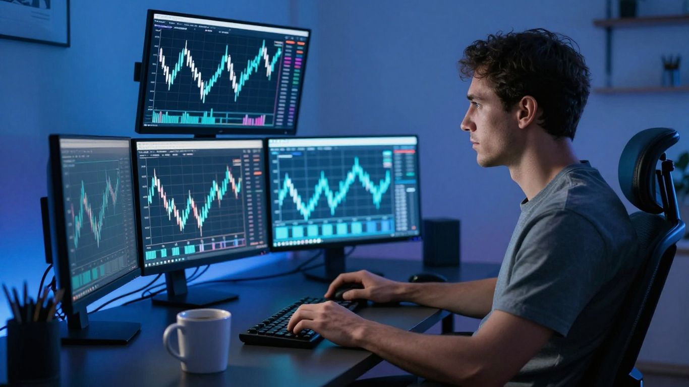 Crypto trader studying multiple market screens