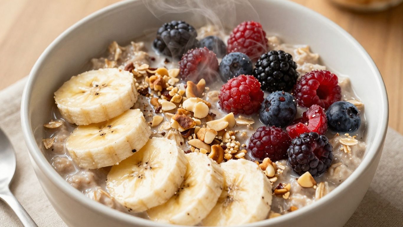 Healthy oatmeal bowl with fruits and nuts