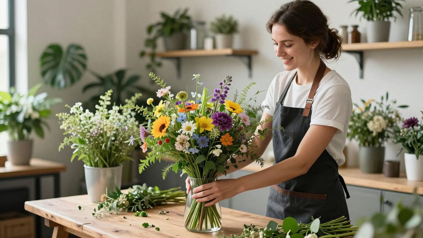 A professional florist arranging colorful flowers