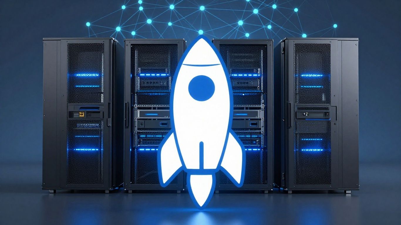 Rocket.net hosting server rack with rocket icon.