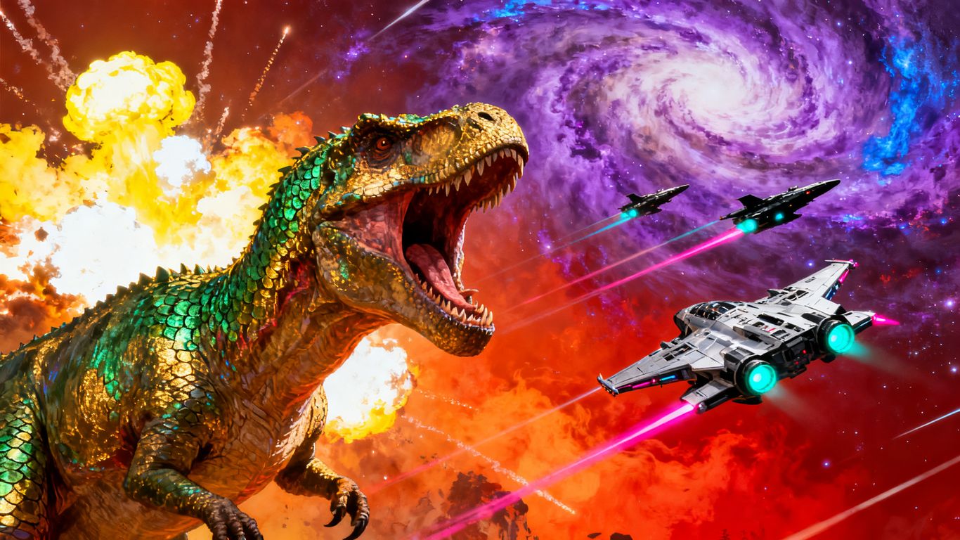 Dinosaur roaring, spaceships battling in space, explosions.