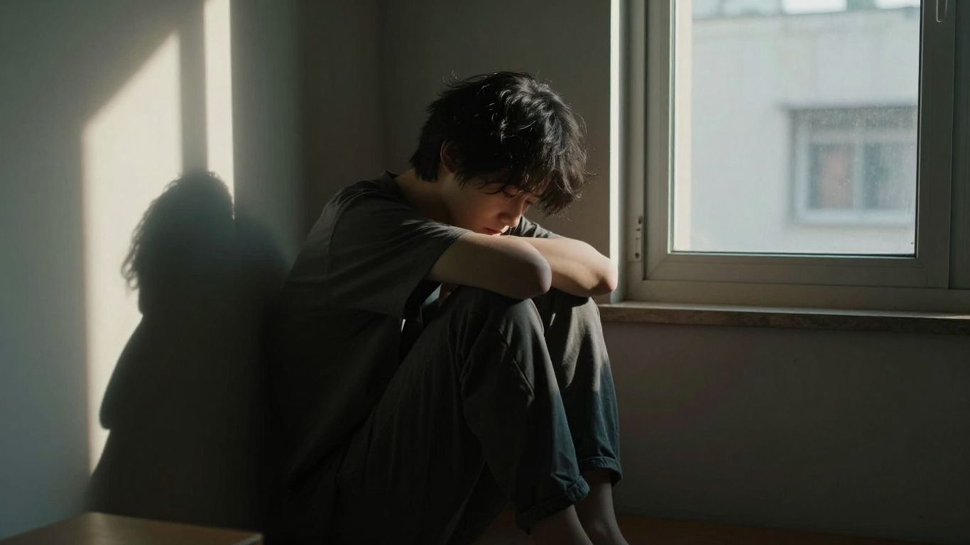 Müde Person im Schatten, Sonne draußen sichtbar.