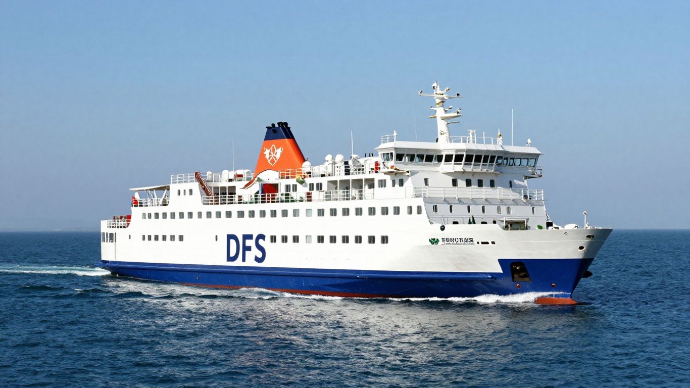 DFDS ferry sailing on blue sea.