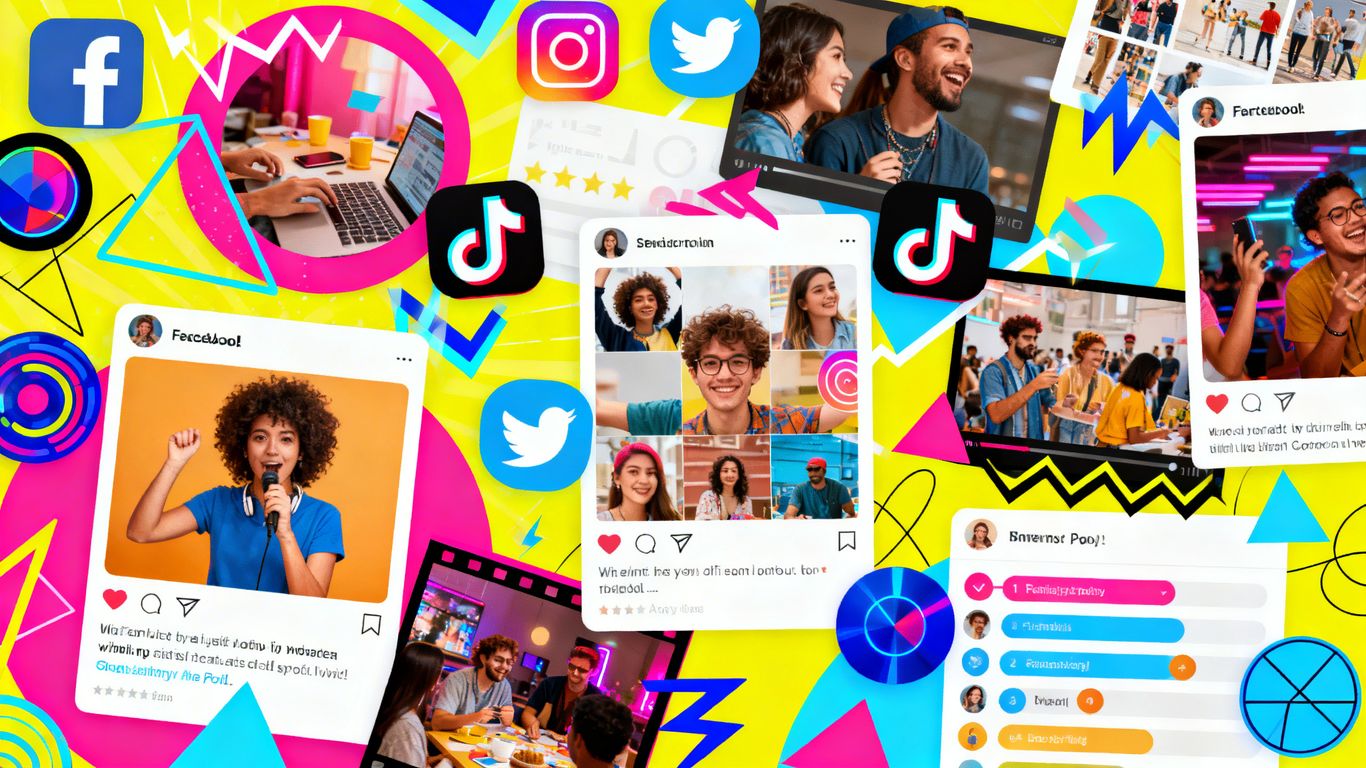 Collage of social media icons and engaging content visuals.