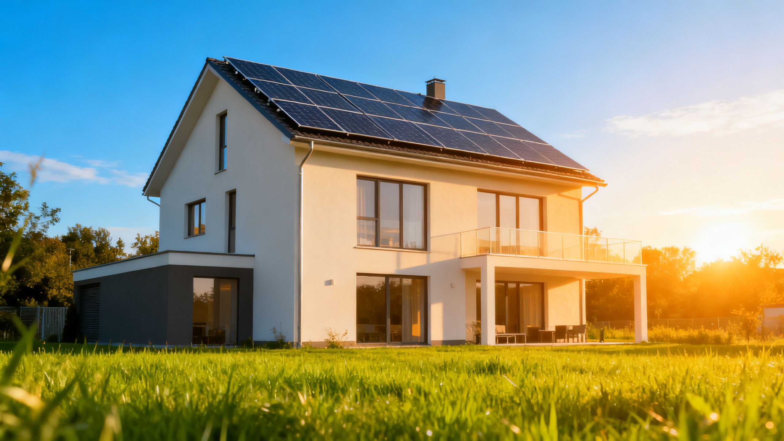 Haus mit Sonnenkollektoren auf dem Dach, an einem sonnigen Tag. Steuerliche Vorteile für Photovoltaikanlagen