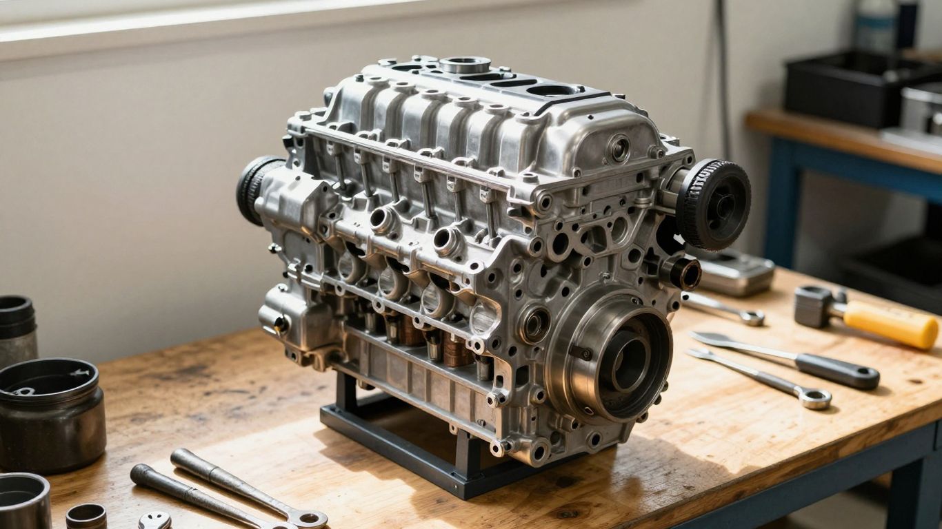 Reconditioned engine in a workshop setting.