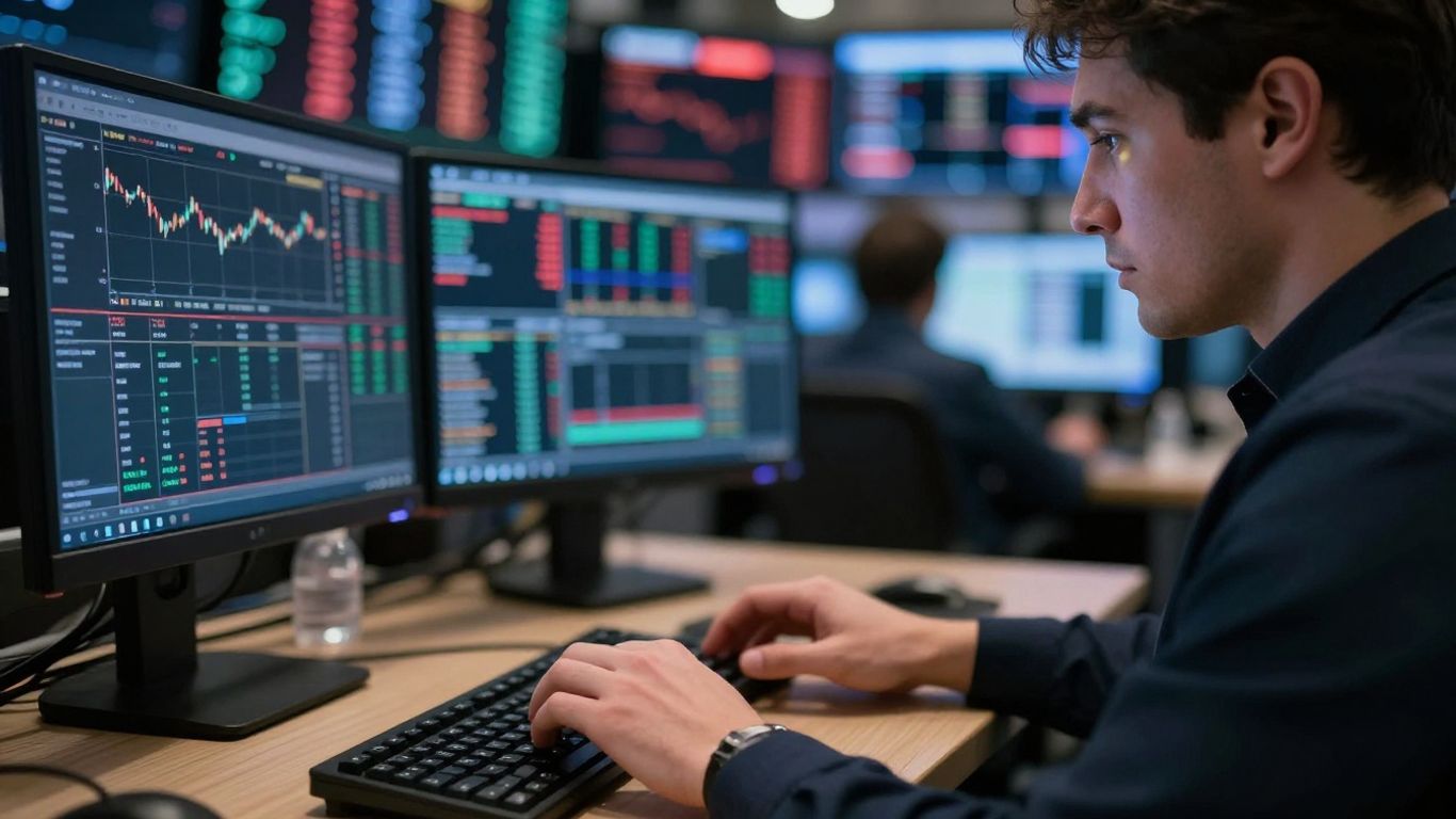 Trader focused on earnings report volatility.