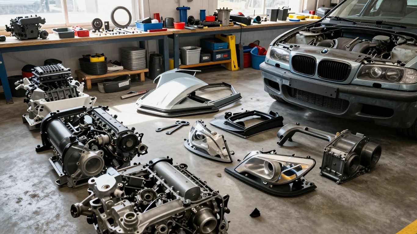 BMW car parts in a workshop