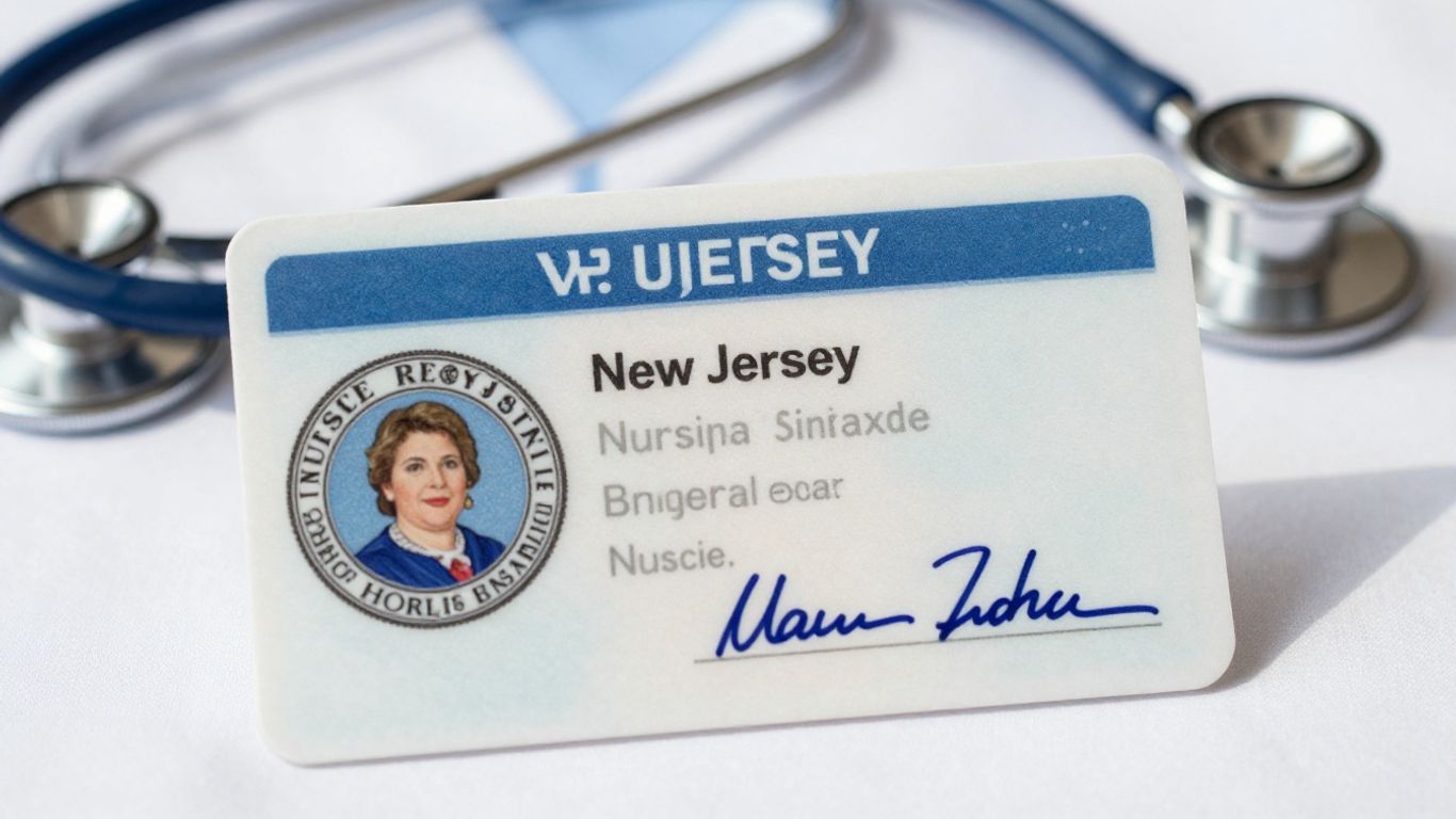 New Jersey nursing license with stethoscope and scrubs.