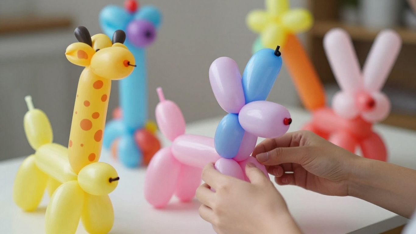 Bunte Ballontiere werden aus Luftballons geformt.