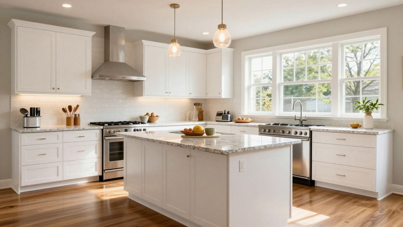 Modern Dacula kitchen remodel with island and appliances.